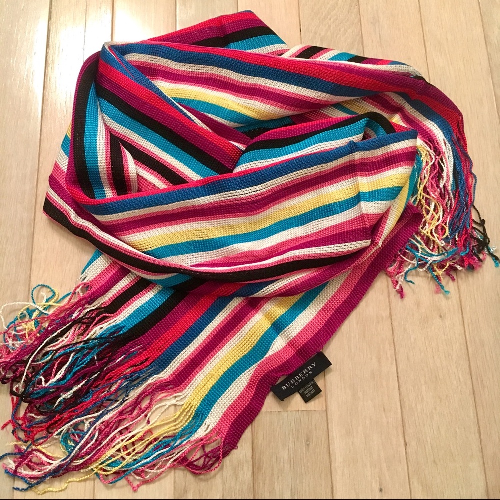 RARE! Burberry Multi Color Striped Fringe Scarf